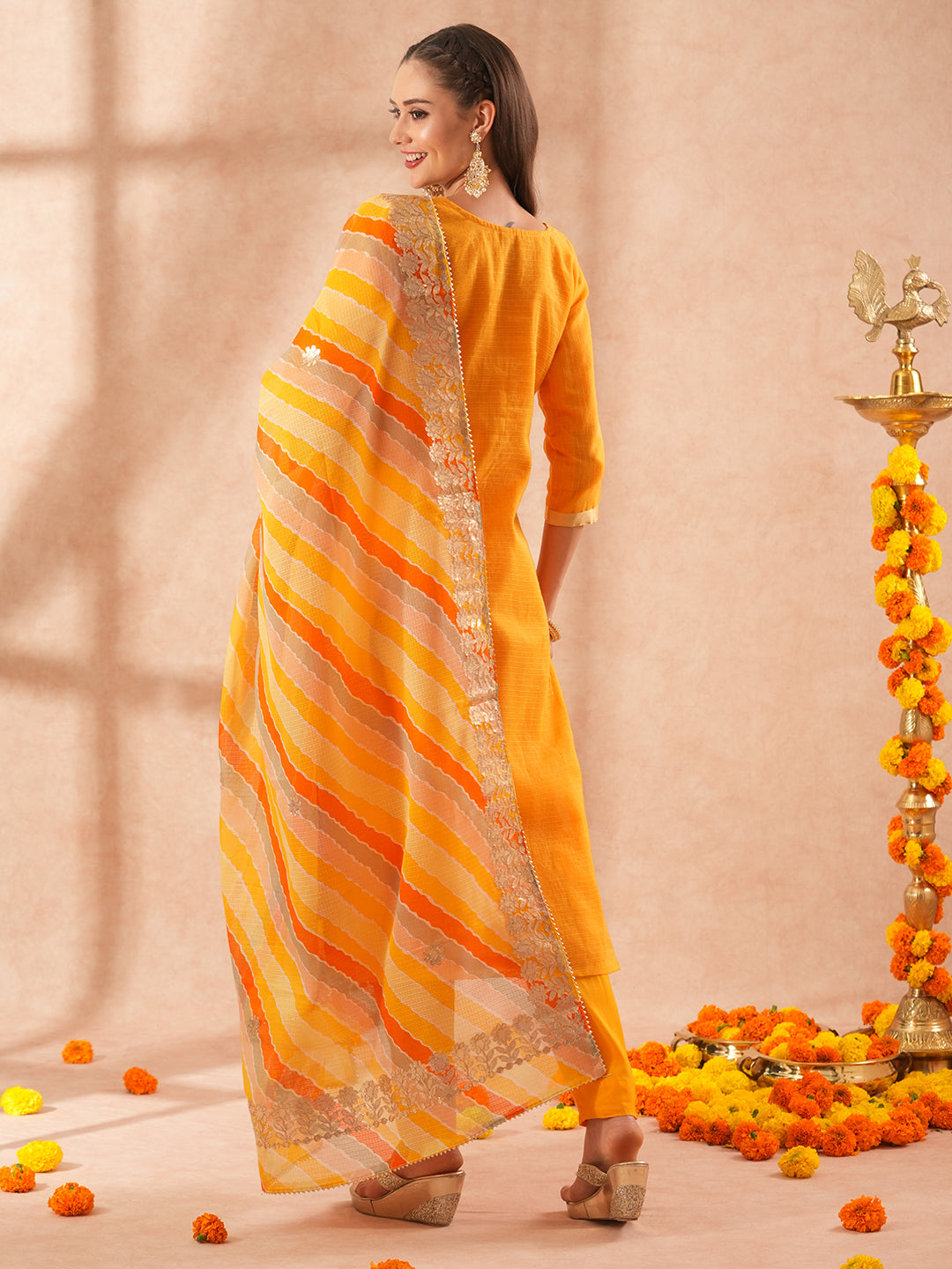 Solid Gota Patti Embroidered Straight Fit Kurta with Pany & Leheriya Dupatta - Yellow