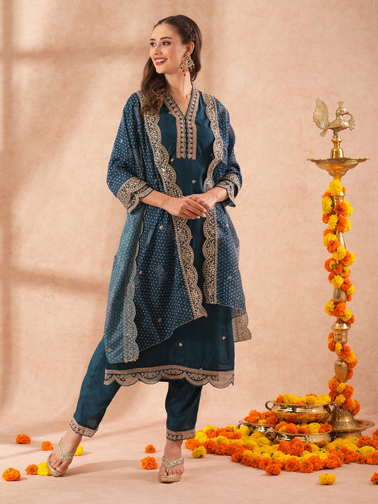 Solid Floral Ethnic Embroidered Straight Kurta with Pant and Bandhani Dupatta - Teal Blue