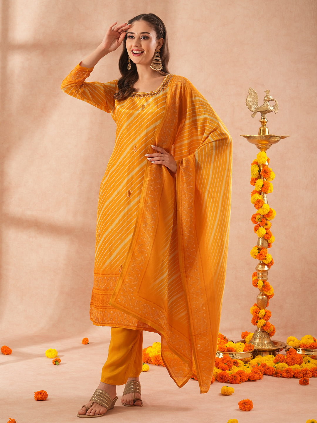 Leheriya Printed Embroidered Straight Fit Kurta with Pant and Dupatta - Yellow