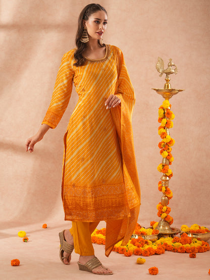 Leheriya Printed Embroidered Straight Fit Kurta with Pant and Dupatta - Yellow