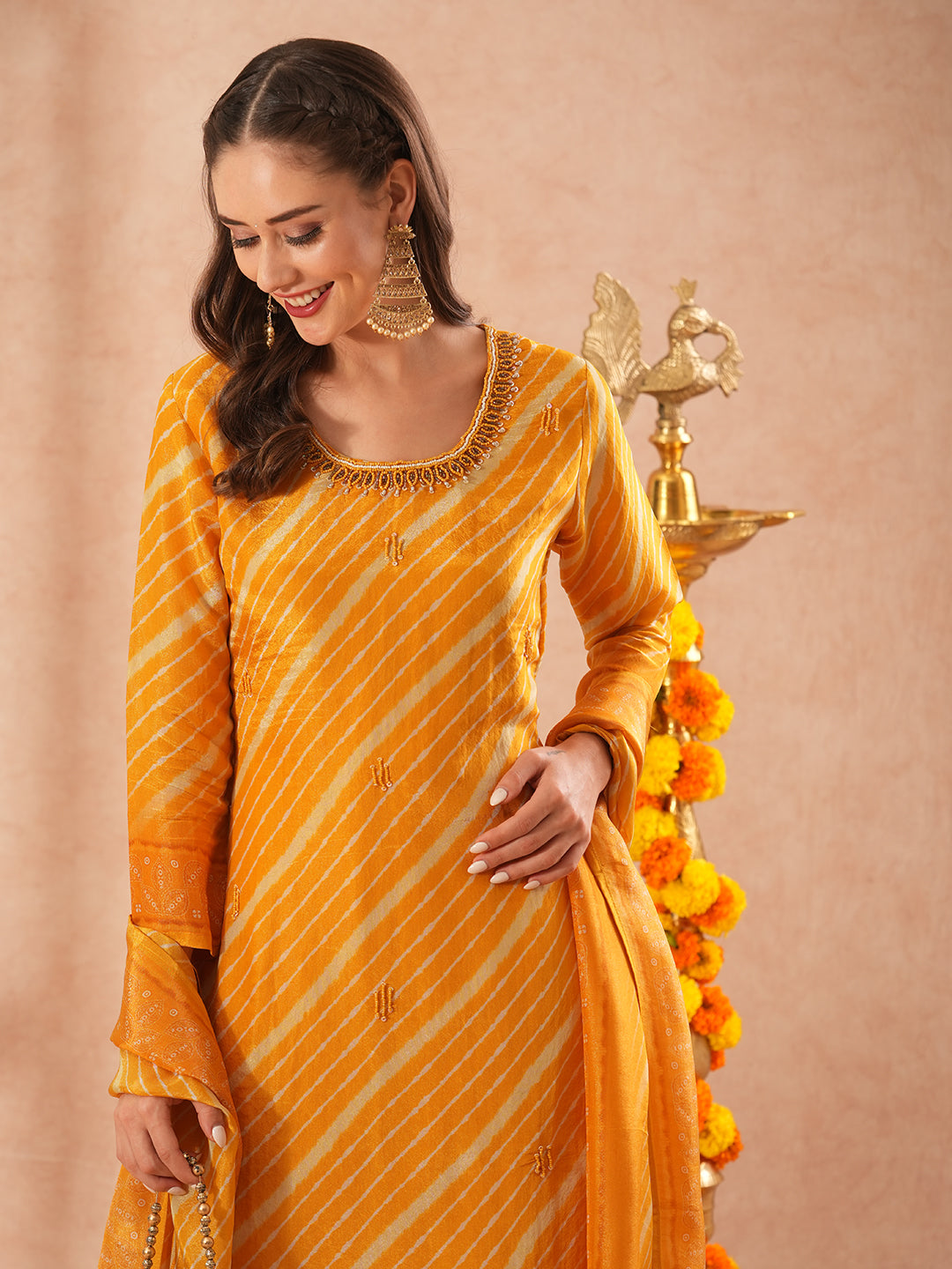 Leheriya Printed Embroidered Straight Fit Kurta with Pant and Dupatta - Yellow