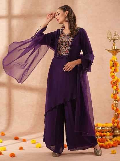 Solid Floral Hand Embroidered A-Line Asymmetric Kurta with Palazzo & Dupatta - Purple