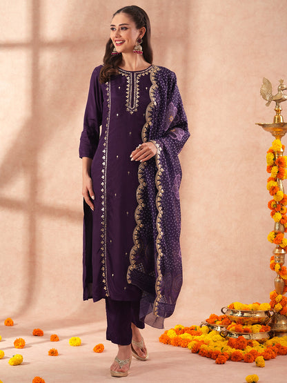 Solid Floral Gota Patti Embroidered Straight Fit Kurta with Pant and Bandhani Dupatta - Deep Purple