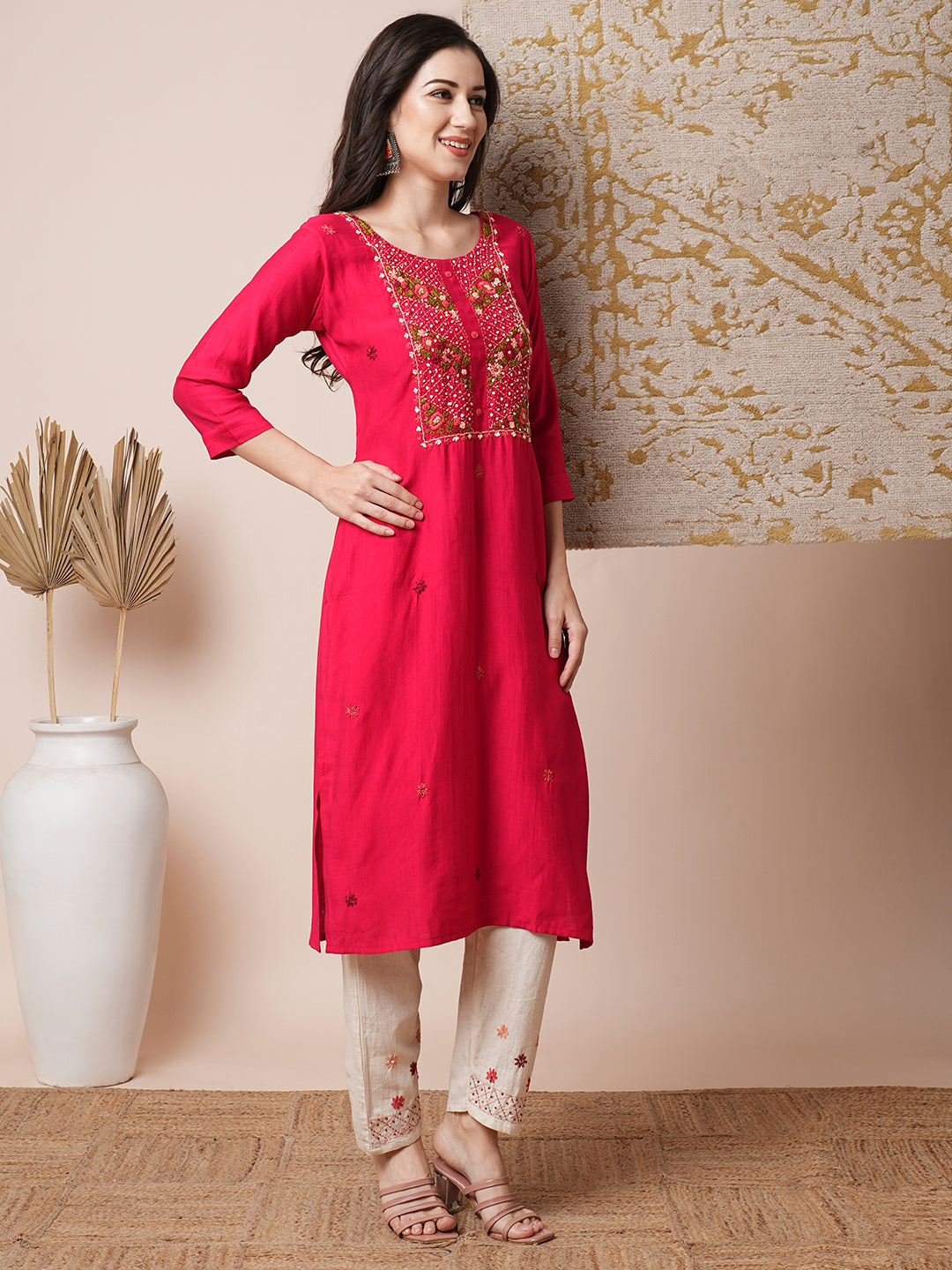 Solid Floral Hand Embroidered Straight Fit Kurta with Pant - Pink