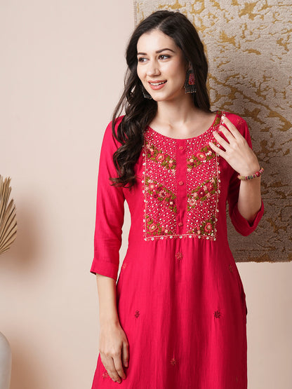 Solid Floral Hand Embroidered Straight Fit Kurta with Pant - Pink