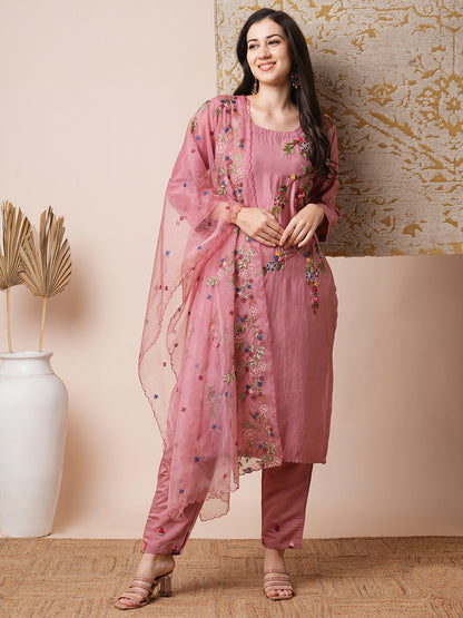 Solid Floral Hand Embroidered Straight Fit Kurta with Pant and Organza Dupatta - Dusty Pink