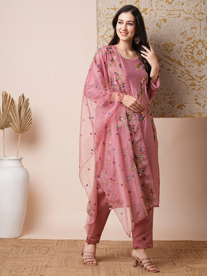 Solid Floral Hand Embroidered Straight Fit Kurta with Pant and Organza Dupatta - Dusty Pink