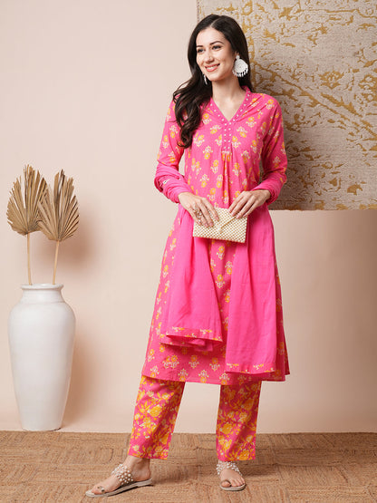 Floral Printed A-Line Paneled Kurta with Pant and Dupatta - Pink