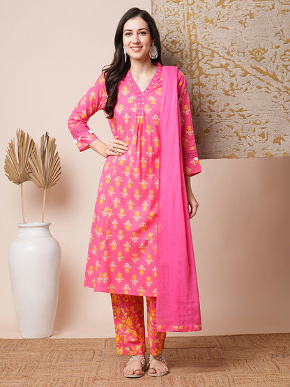 Floral Printed A-Line Paneled Kurta with Pant and Dupatta - Pink