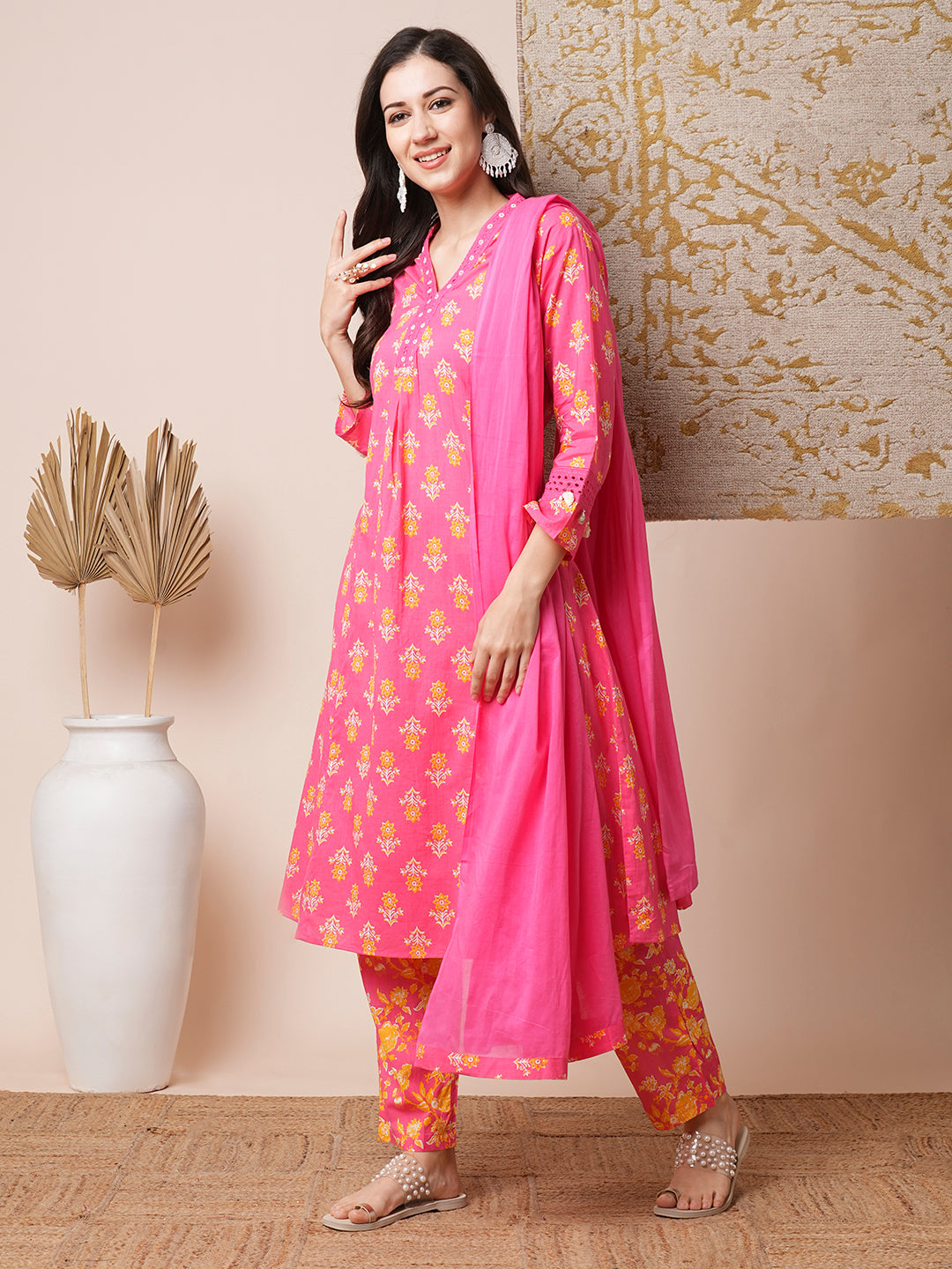 Floral Printed A-Line Paneled Kurta with Pant and Dupatta - Pink