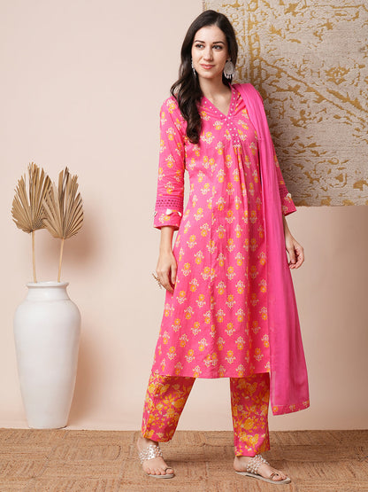 Floral Printed A-Line Paneled Kurta with Pant and Dupatta - Pink