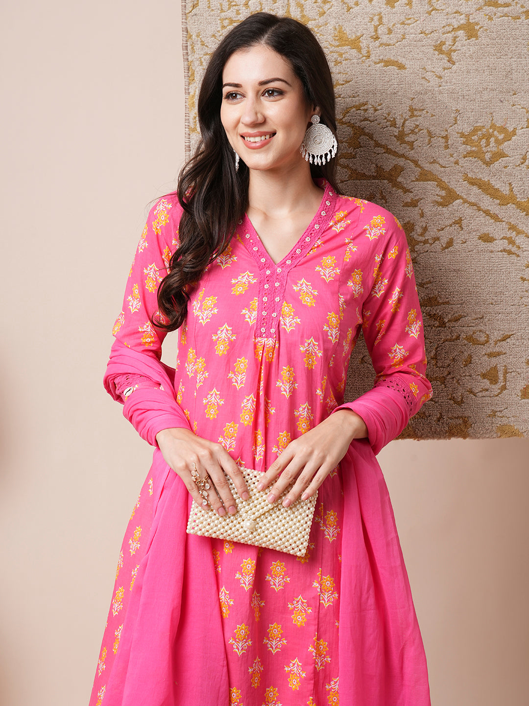 Floral Printed A-Line Paneled Kurta with Pant and Dupatta - Pink