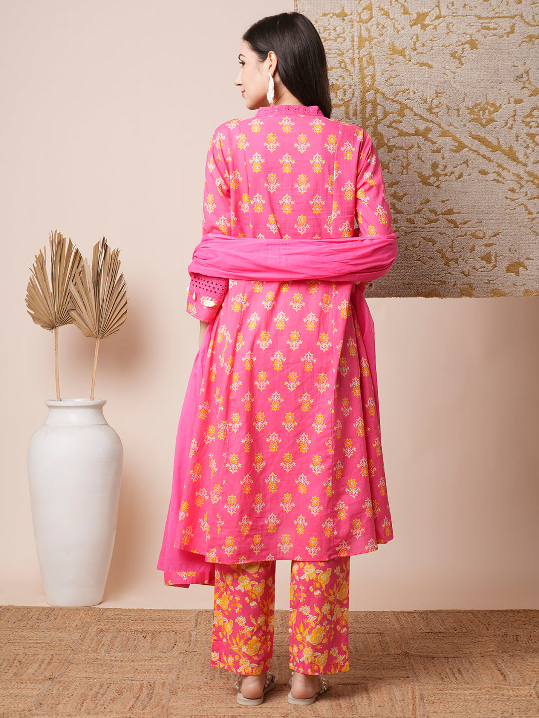 Floral Printed A-Line Paneled Kurta with Pant and Dupatta - Pink