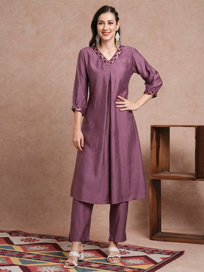 Solid Ethnic Sequin Embroidered A-Line Paneled Co-ord Set - Lavender