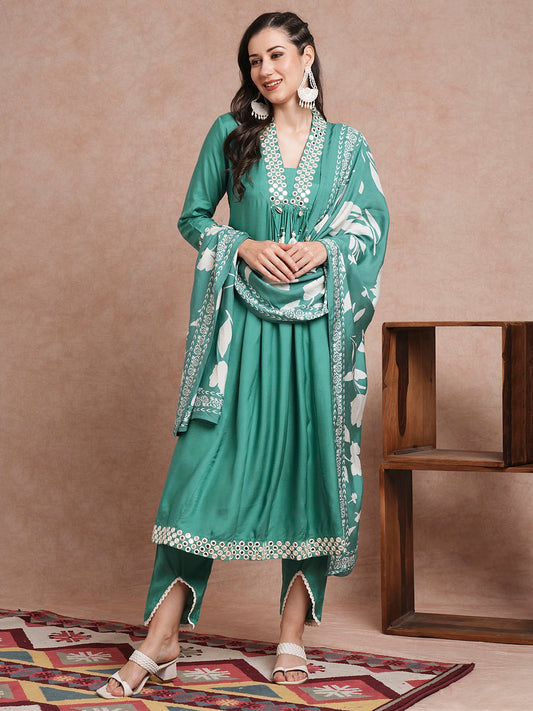 Solid Mirror Embroidered A-Line Paneled Kurta with Pant and Printed Dupatta - Sea Green