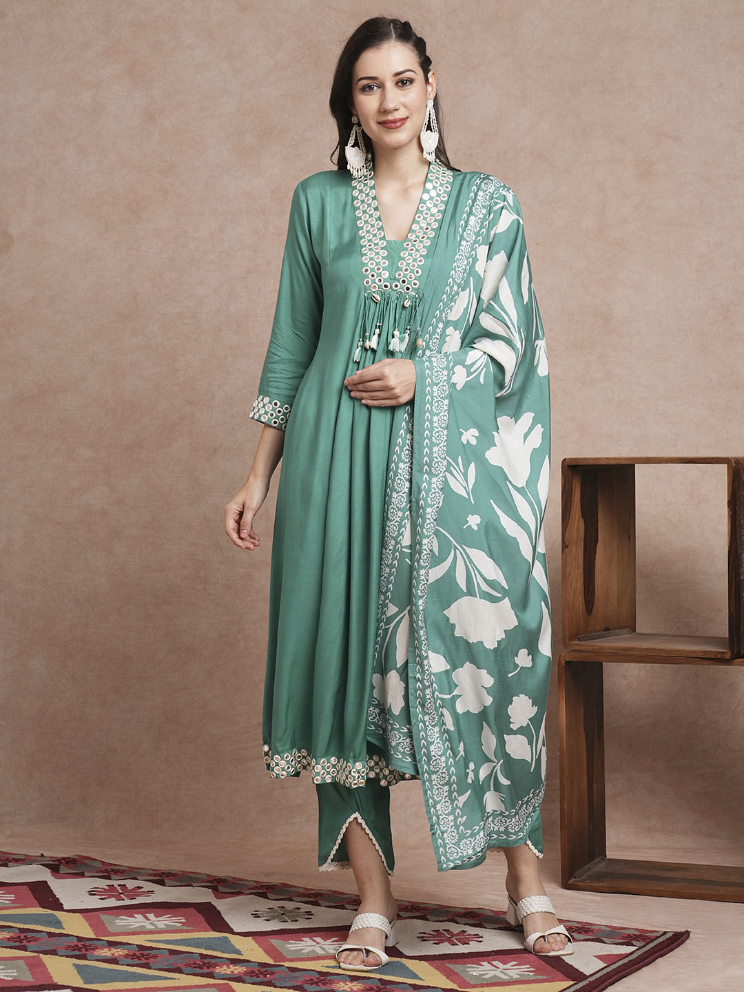 Solid Mirror Embroidered A-Line Paneled Kurta with Pant and Printed Dupatta - Sea Green