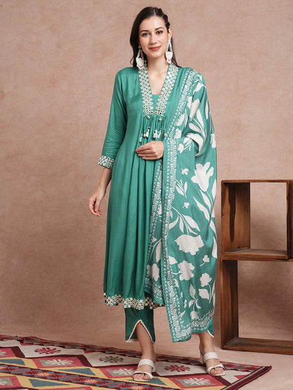 Solid Mirror Embroidered A-Line Paneled Kurta with Pant and Printed Dupatta - Sea Green