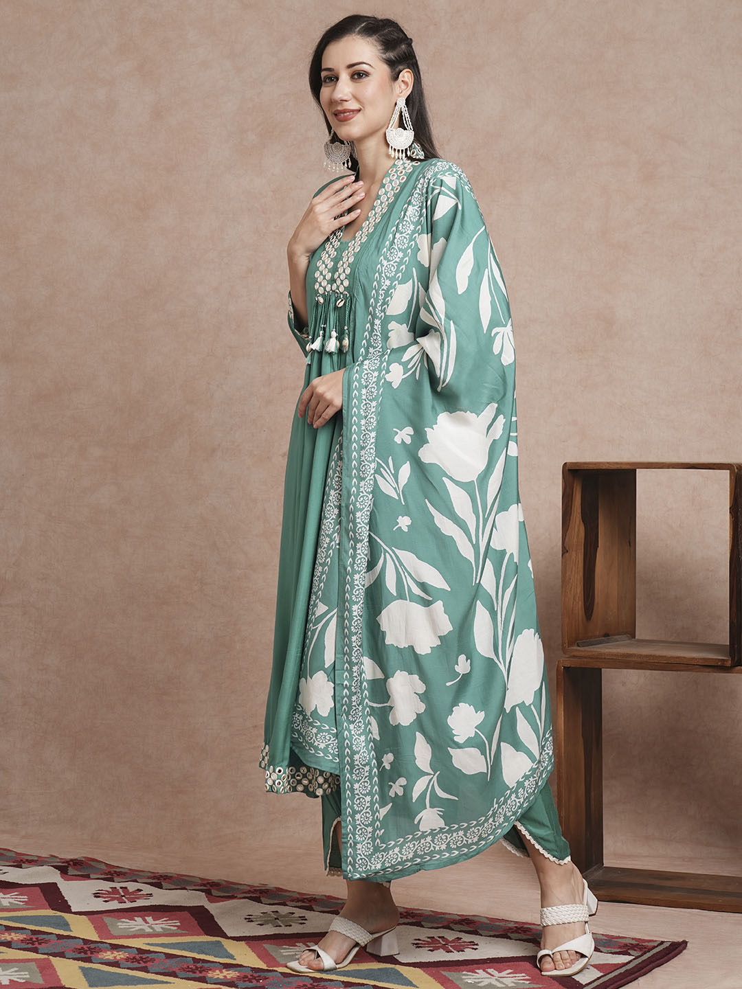 Solid Mirror Embroidered A-Line Paneled Kurta with Pant and Printed Dupatta - Sea Green