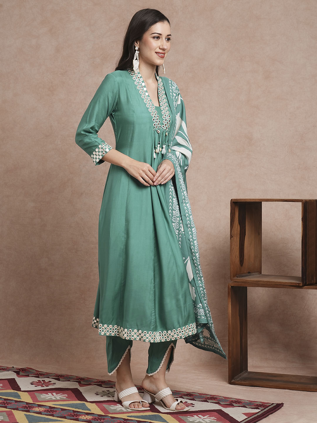 Solid Mirror Embroidered A-Line Paneled Kurta with Pant and Printed Dupatta - Sea Green