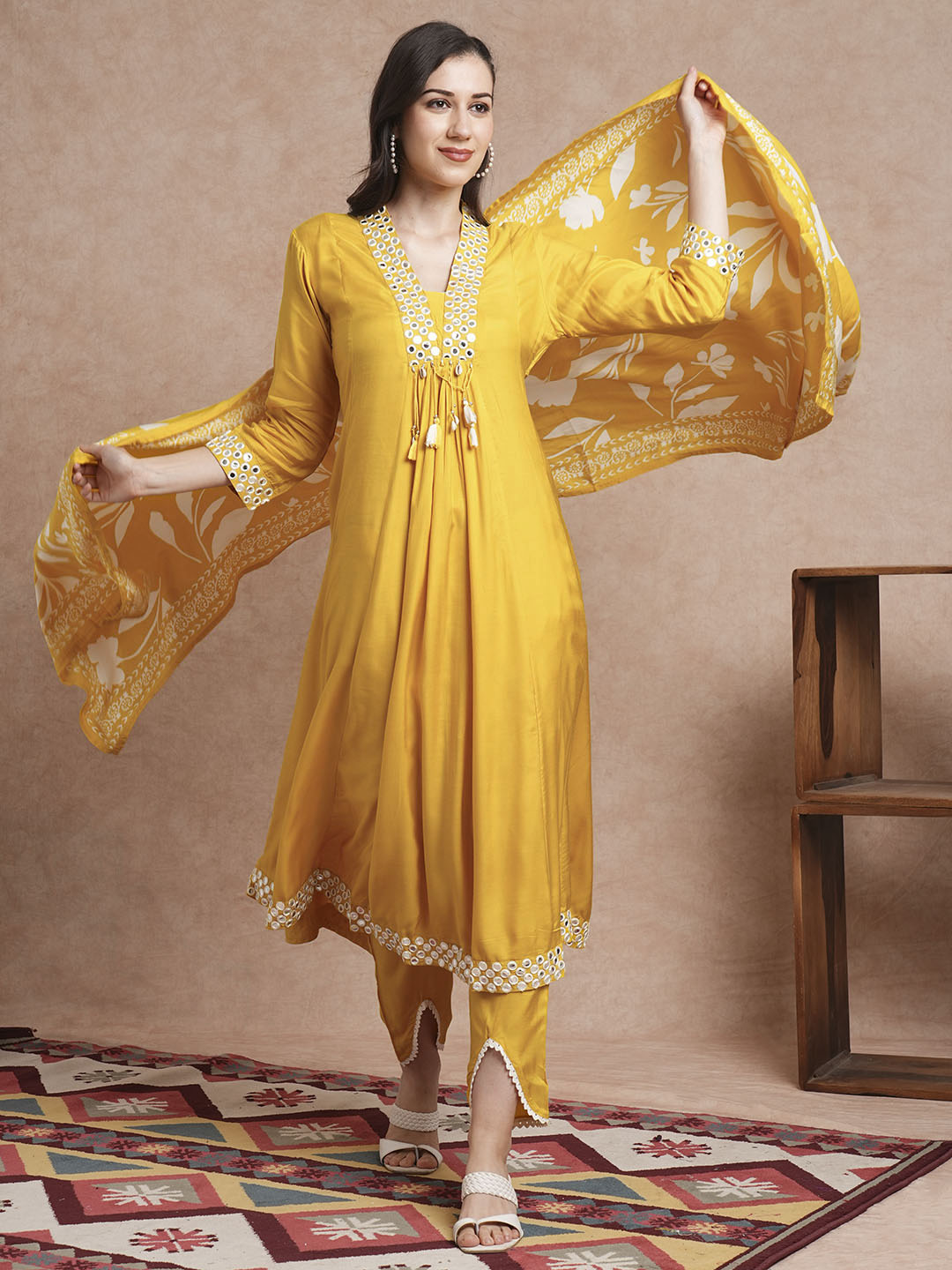 Solid Mirror Embroidered A-Line Paneled Kurta with Pant and Printed Dupatta - Yellow