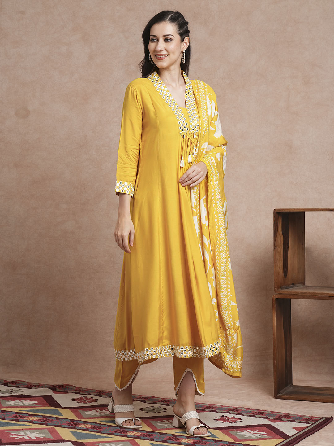 Solid Mirror Embroidered A-Line Paneled Kurta with Pant and Printed Dupatta - Yellow