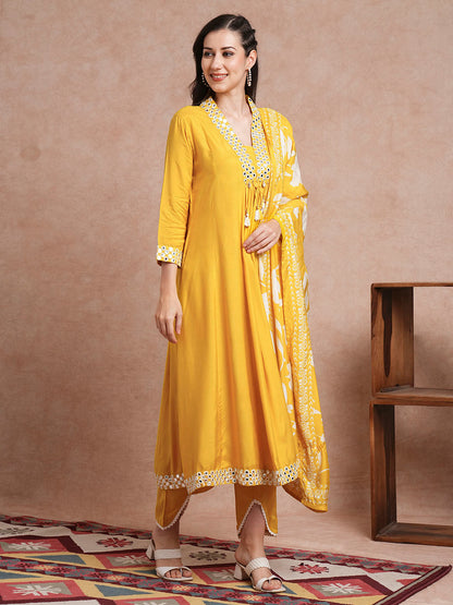 Solid Mirror Embroidered A-Line Paneled Kurta with Pant and Printed Dupatta - Yellow