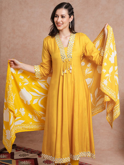 Solid Mirror Embroidered A-Line Paneled Kurta with Pant and Printed Dupatta - Yellow