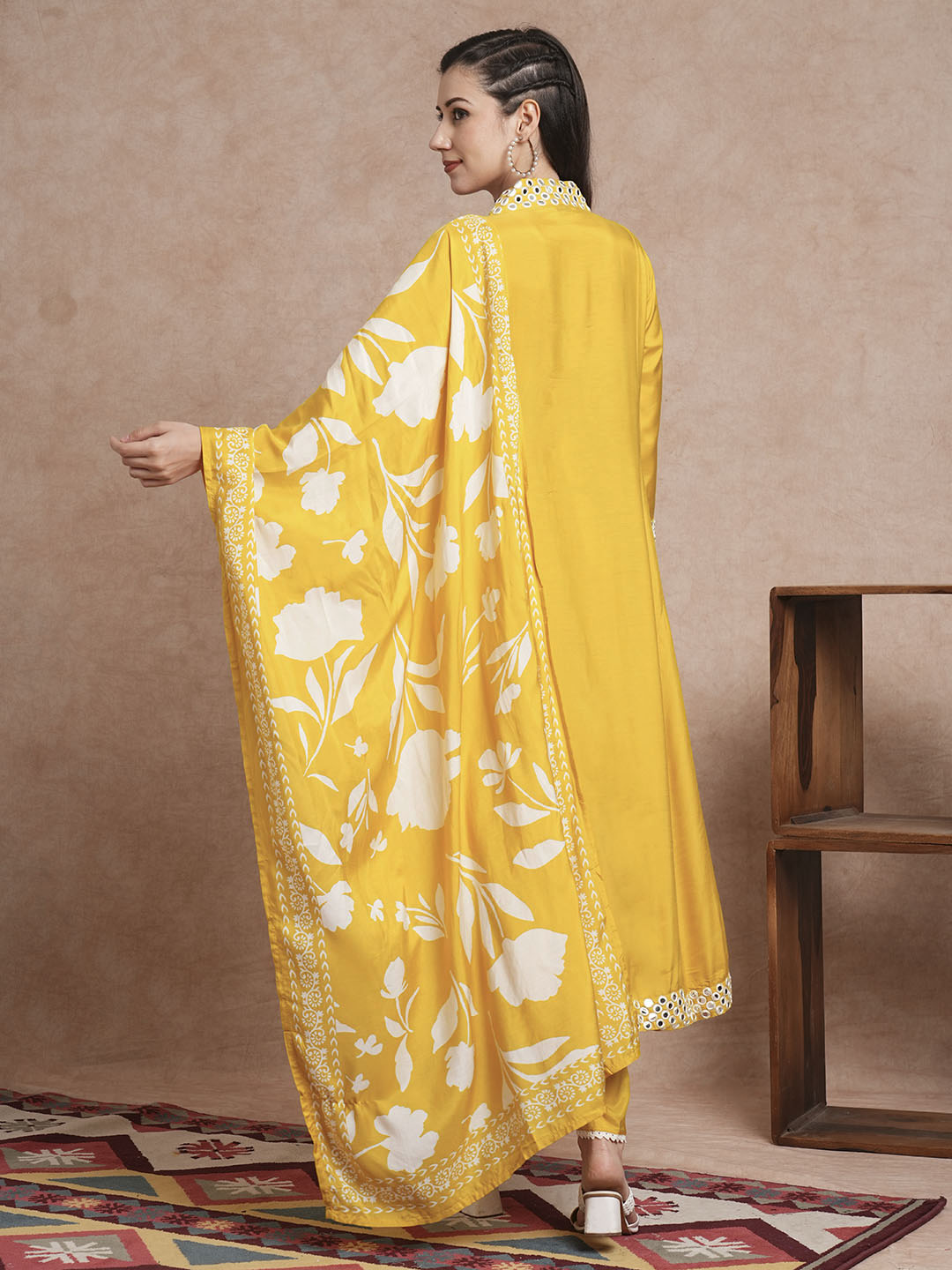 Solid Mirror Embroidered A-Line Paneled Kurta with Pant and Printed Dupatta - Yellow