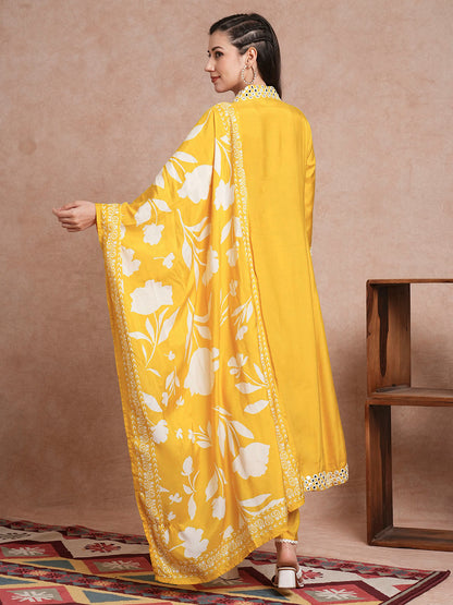 Solid Mirror Embroidered A-Line Paneled Kurta with Pant and Printed Dupatta - Yellow