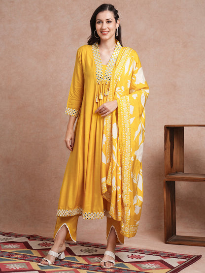 Solid Mirror Embroidered A-Line Paneled Kurta with Pant and Printed Dupatta - Yellow