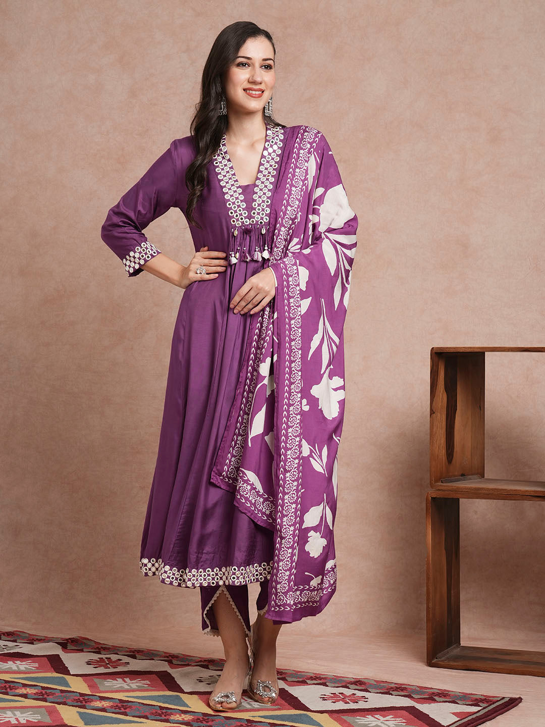 Solid Mirror Embroidered A-Line Paneled Kurta with Pant and Printed Dupatta - Purple