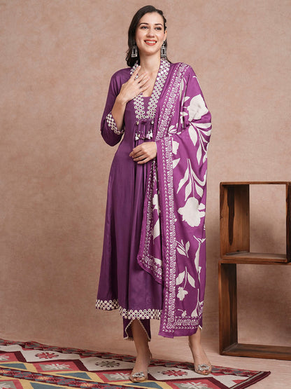 Solid Mirror Embroidered A-Line Paneled Kurta with Pant and Printed Dupatta - Purple