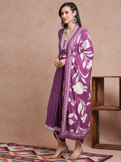 Solid Mirror Embroidered A-Line Paneled Kurta with Pant and Printed Dupatta - Purple