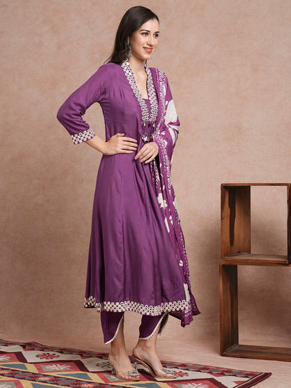 Solid Mirror Embroidered A-Line Paneled Kurta with Pant and Printed Dupatta - Purple