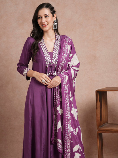 Solid Mirror Embroidered A-Line Paneled Kurta with Pant and Printed Dupatta - Purple