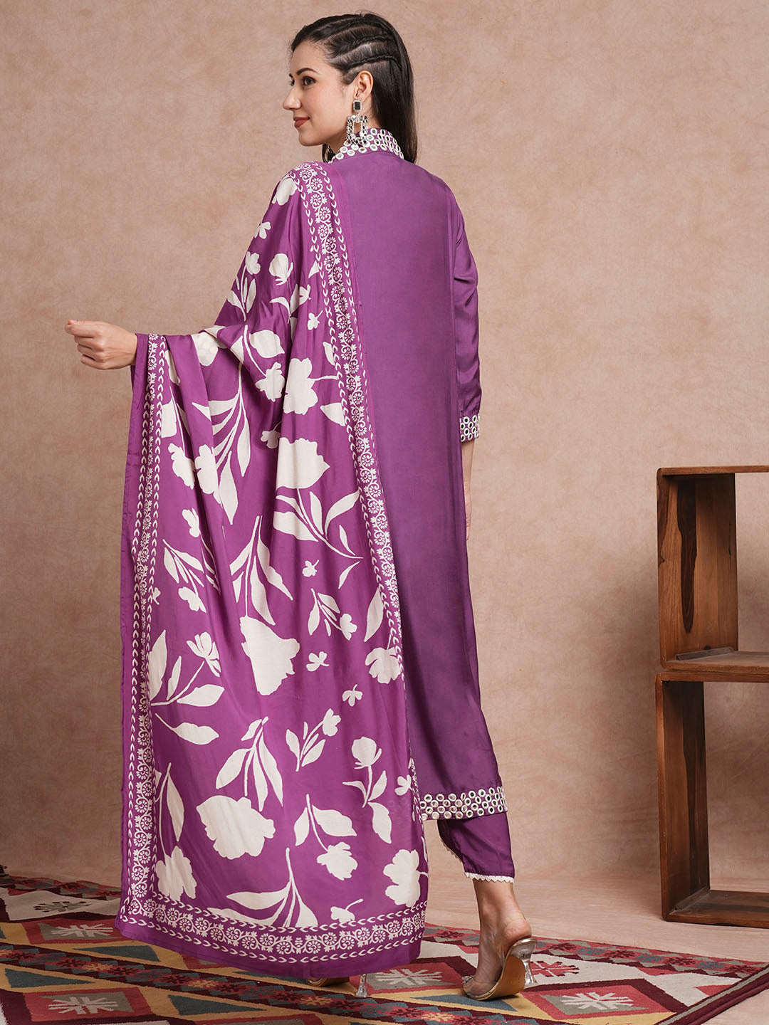 Solid Mirror Embroidered A-Line Paneled Kurta with Pant and Printed Dupatta - Purple