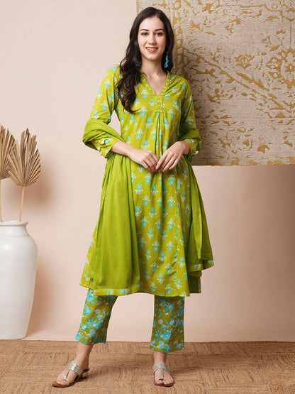 Floral Printed A-Line Paneled Kurta with Pant & Pure Cotton Dupatta - Green