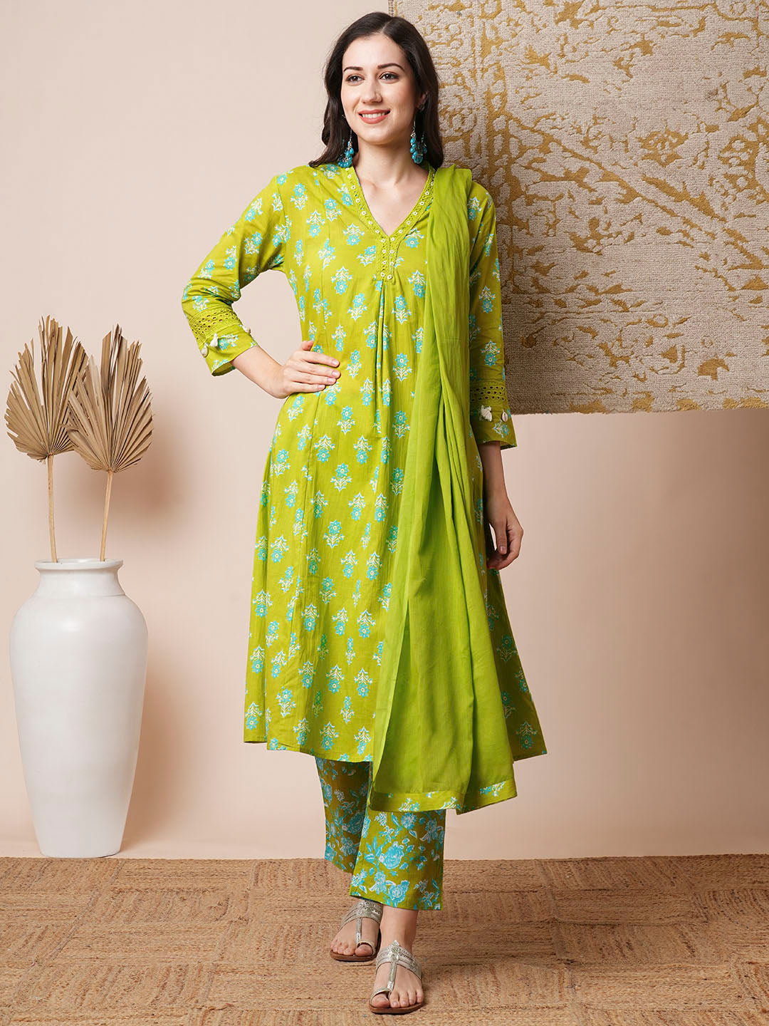 Floral Printed A-Line Paneled Kurta with Pant & Pure Cotton Dupatta - Green