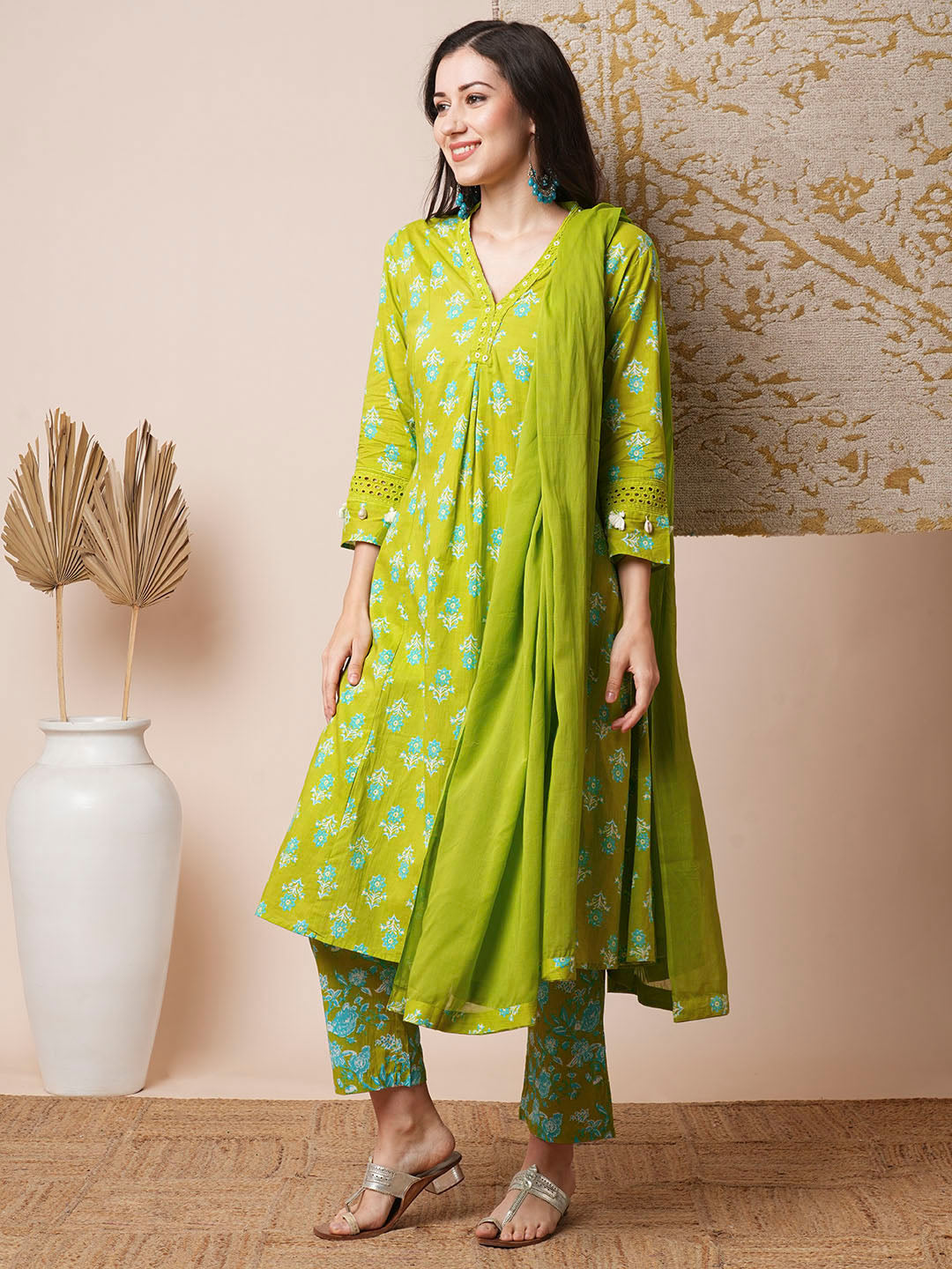 Floral Printed A-Line Paneled Kurta with Pant & Pure Cotton Dupatta - Green