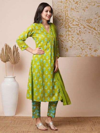 Floral Printed A-Line Paneled Kurta with Pant & Pure Cotton Dupatta - Green