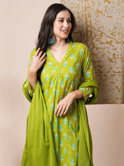 Floral Printed A-Line Paneled Kurta with Pant & Pure Cotton Dupatta - Green