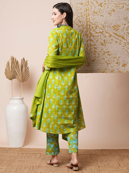 Floral Printed A-Line Paneled Kurta with Pant & Pure Cotton Dupatta - Green