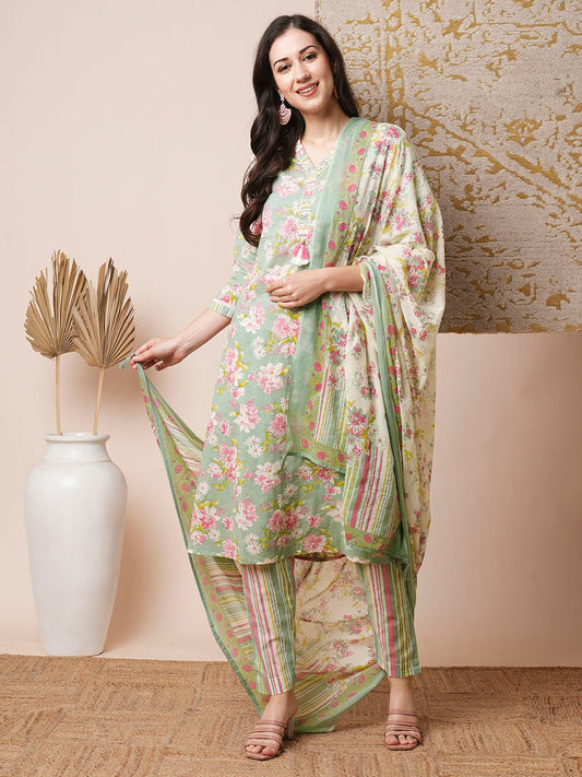 Floral Printed A-Line Kurta with Pant and Pure Cotton Dupatta - Pastel Green