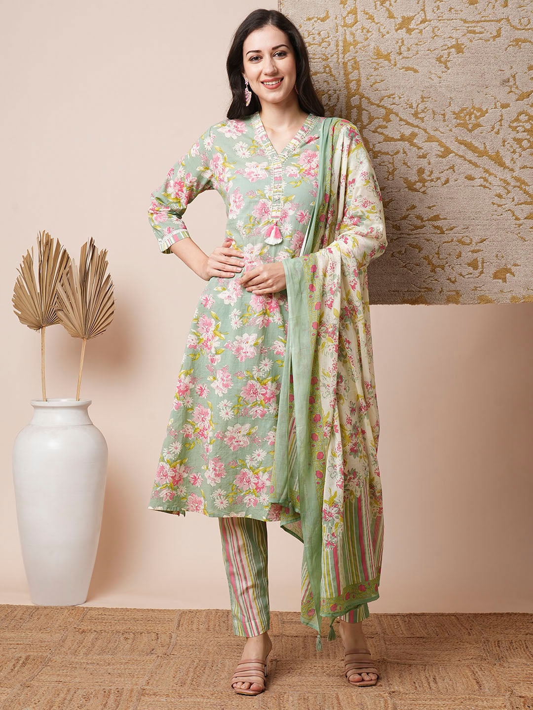 Floral Printed A-Line Kurta with Pant and Pure Cotton Dupatta - Pastel Green