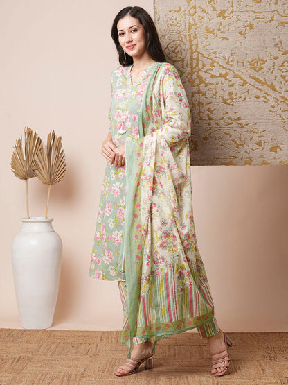 Floral Printed A-Line Kurta with Pant and Pure Cotton Dupatta - Pastel Green