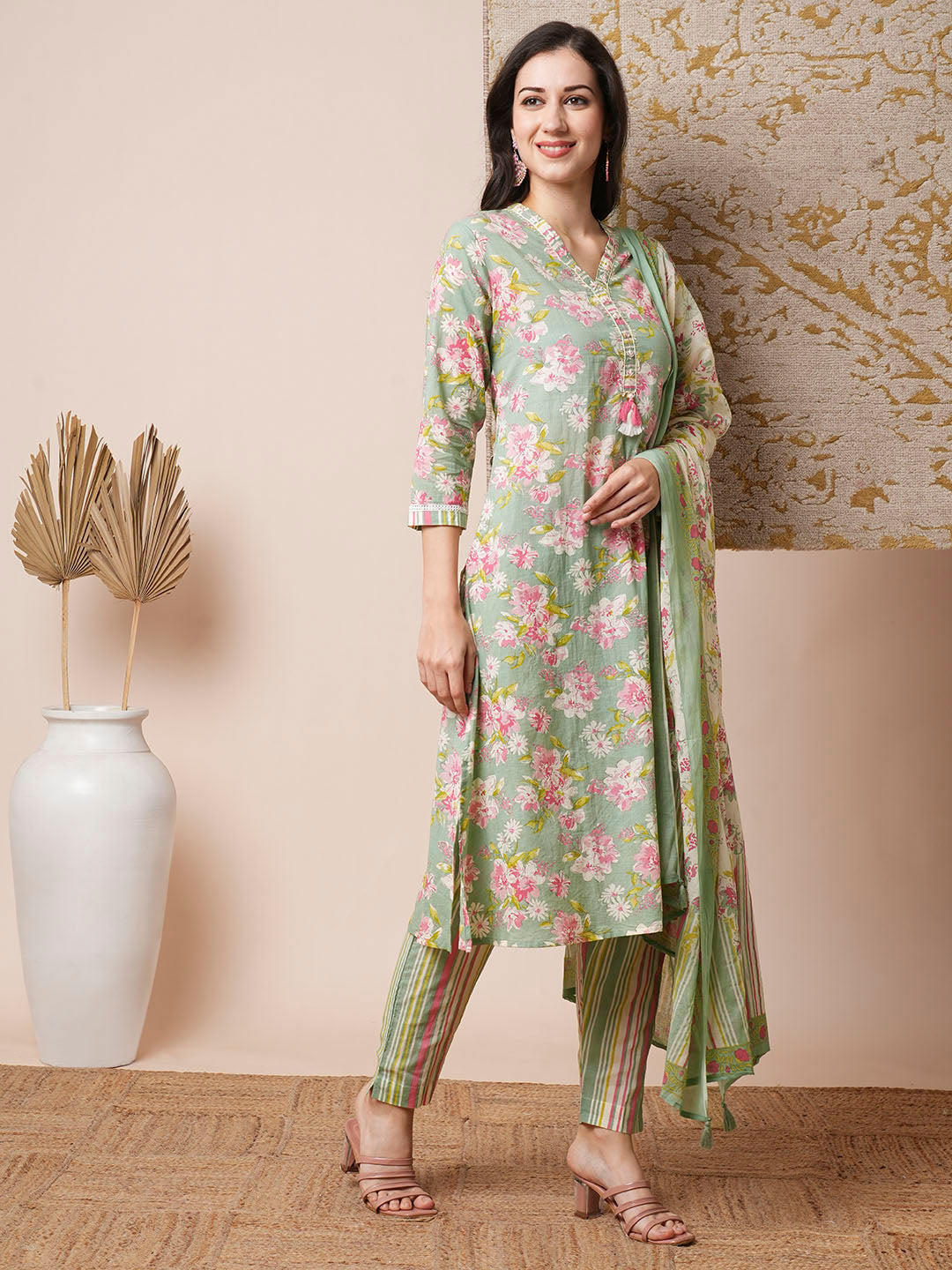 Floral Printed A-Line Kurta with Pant and Pure Cotton Dupatta - Pastel Green