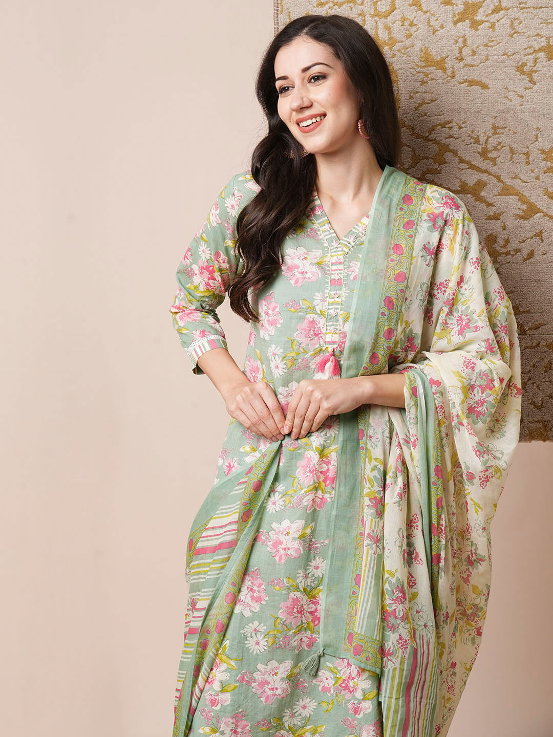 Floral Printed A-Line Kurta with Pant and Pure Cotton Dupatta - Pastel Green