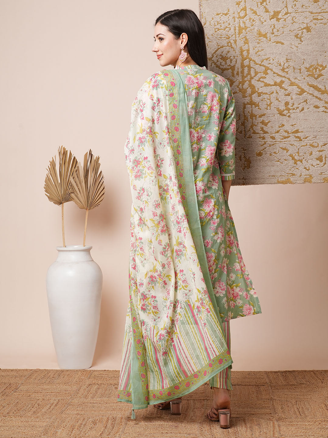 Floral Printed A-Line Kurta with Pant and Pure Cotton Dupatta - Pastel Green