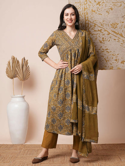 Floral Printed Mirror & Resham Embroidered Kurta with Pants & Dupatta - Multi