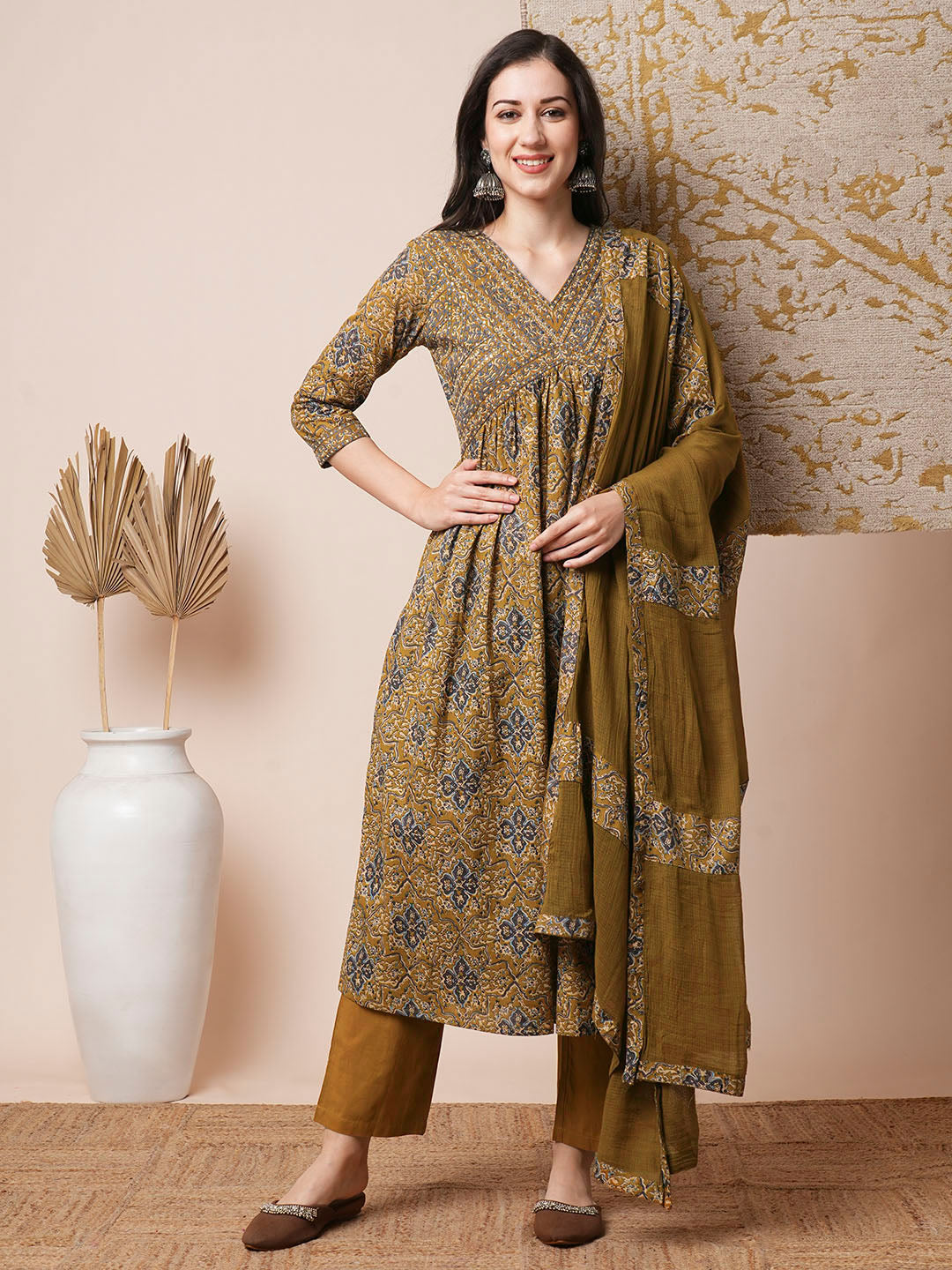 Floral Printed Embroidered A-Line Pleated Kurta with Pant and Dupatta - Mustard